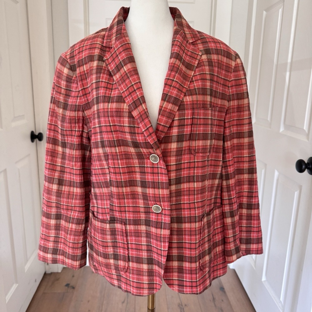 Talbots Cotton Blend Plaid Blazer Jacket‎ Sz 12 Coral Career Workwear Casual